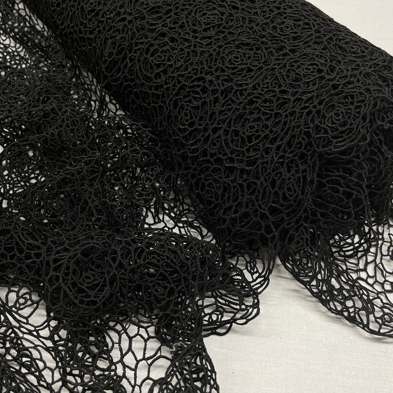 All Over Rose Guipure French Venice Lace Fabric, Black