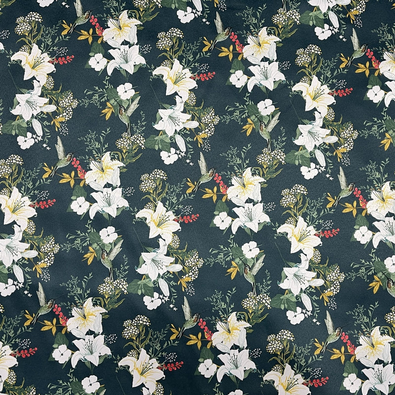 Floral Bird Print Satin Brocade Furnishing Fabric, Bottle