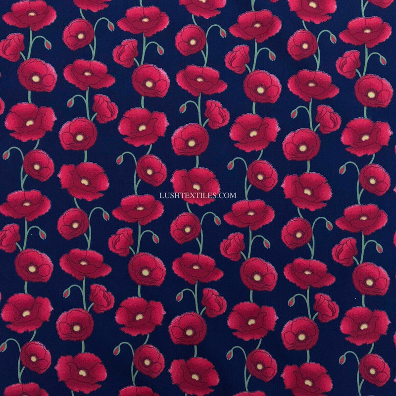 Red Poppy 100% Cotton Poplin Fabric Rose & Hubble Floral Poppies Queens Jubilee