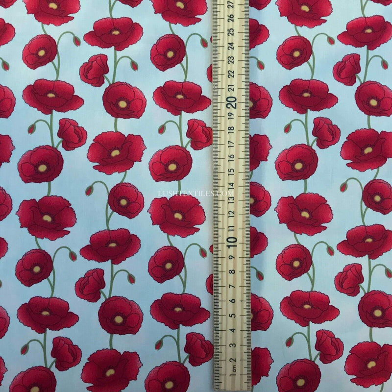 Red Poppy 100% Cotton Poplin Fabric Rose & Hubble Floral Poppies Queens Jubilee