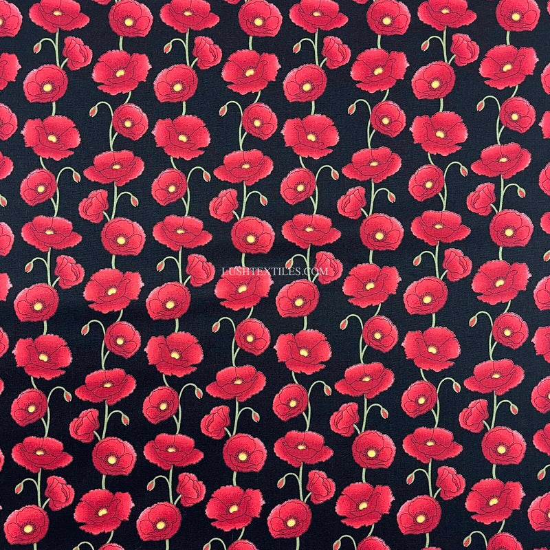 Red Poppy 100% Cotton Poplin Fabric Rose & Hubble Floral Poppies Queens Jubilee