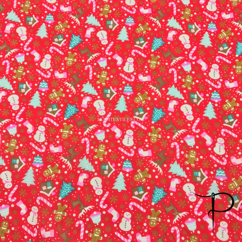 Xmas Party Santa On Red Polycotton Fabric Christmas Crafts Toys (Per Metre)