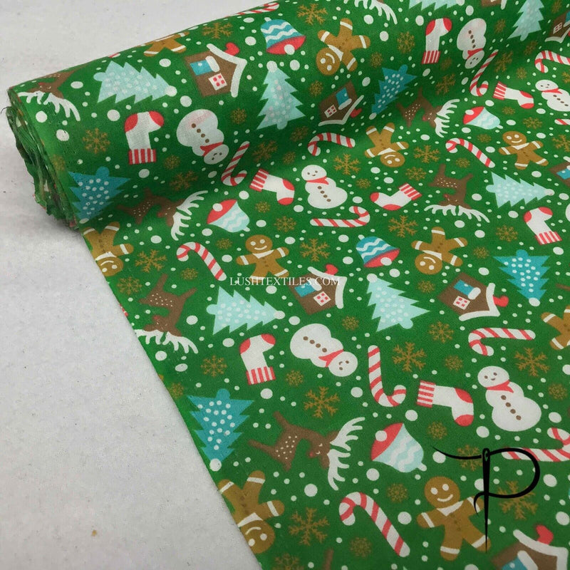 Xmas Party Santa On Green Polycotton Fabric Christmas Crafts Toys (Per Metre)