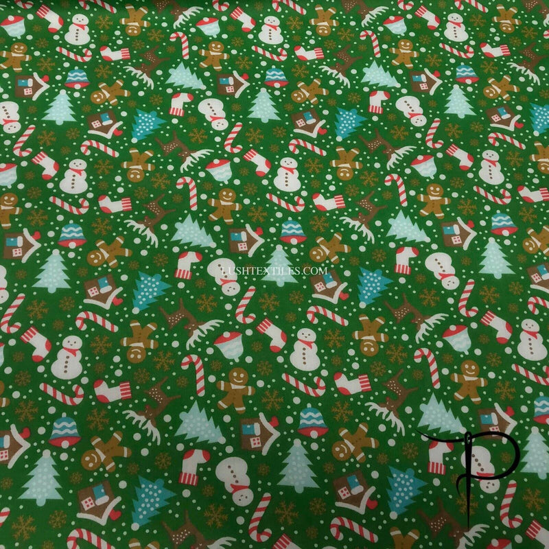 Xmas Party Santa On Green Polycotton Fabric Christmas Crafts Toys (Per Metre)