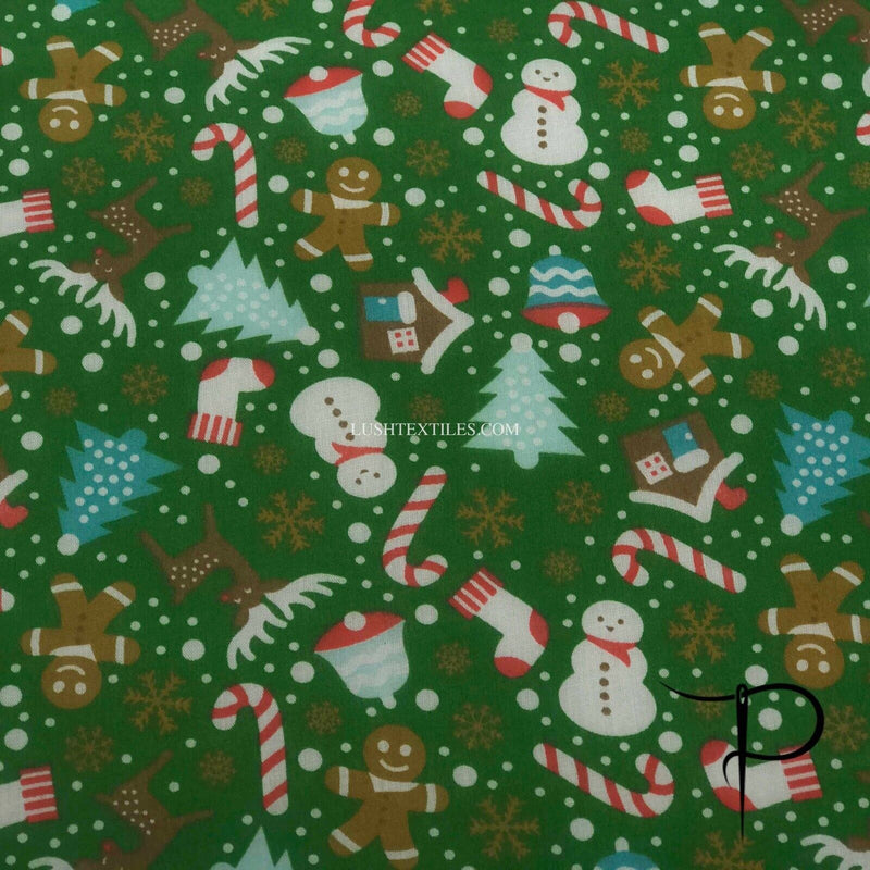 Xmas Party Santa On Green Polycotton Fabric Christmas Crafts Toys (Per Metre)