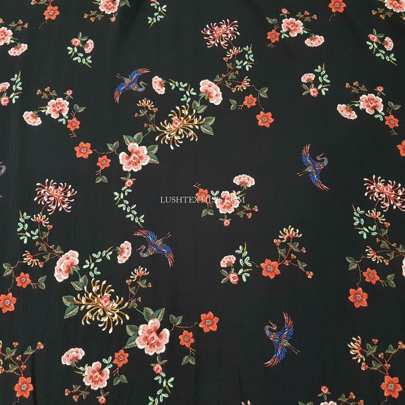 Bird Blossom Floral Viscose Marocaine Dress Fabric, Black