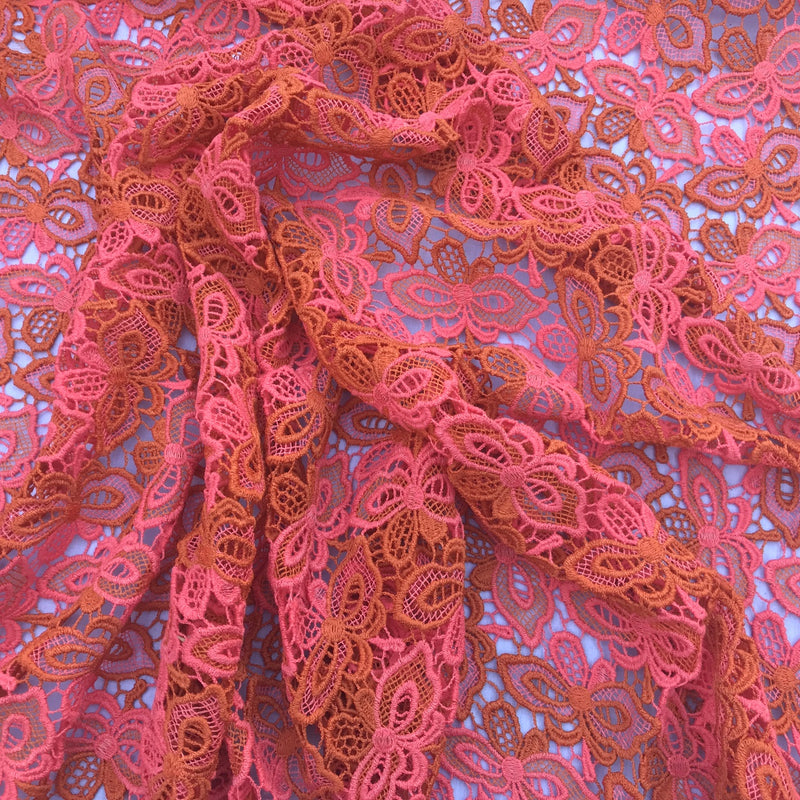 Butterfly Heavy Cotton Lace African Bridal Fabric, Orange/Pink