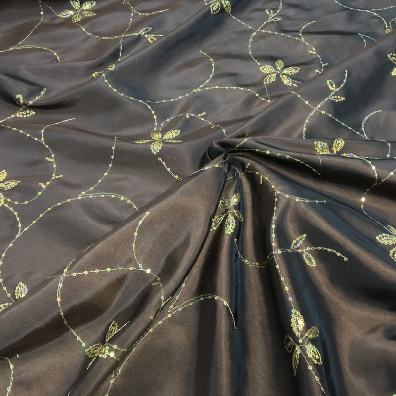 Gold Floral Sequin Taffeta Fabric, Brown