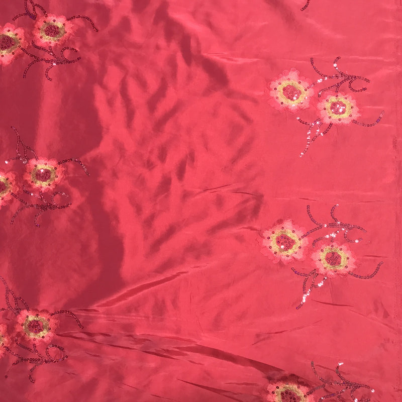 Floral Flower Sequin Taffeta Fabric, Red