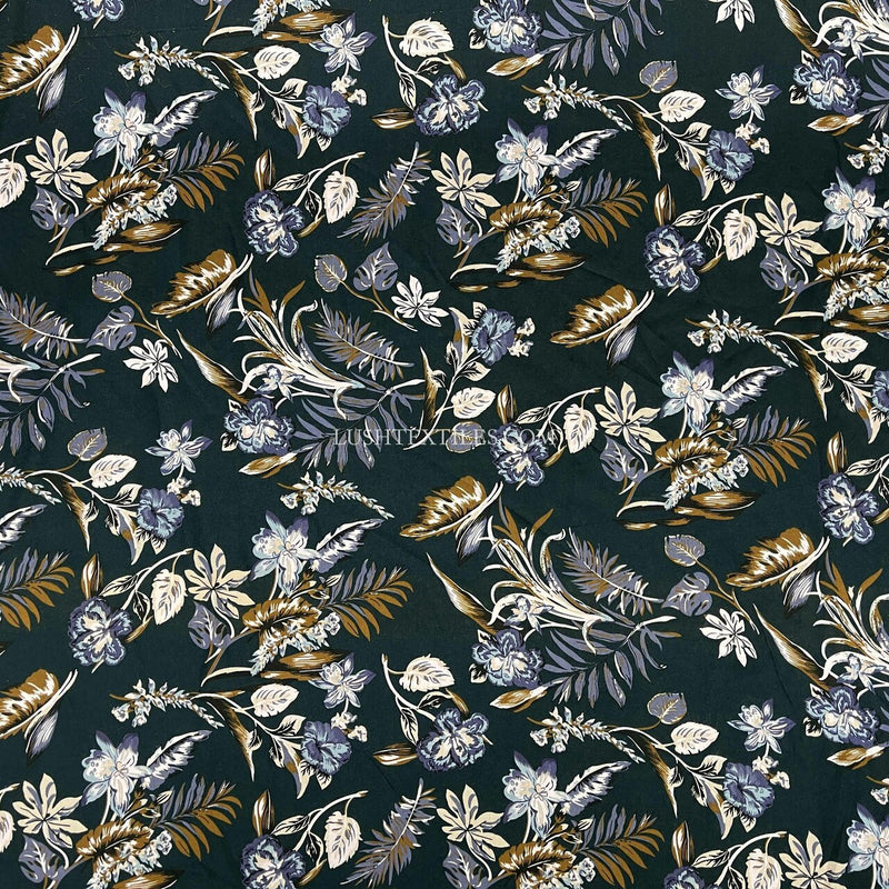 Floral Flowers Printed Viscose Dress Fabric, Navy