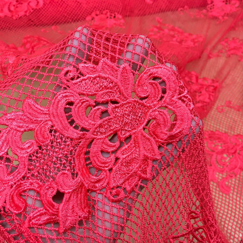 Cerise Red African Embroidery Lace Scalloped Mesh Net Dress Trim Wedding Fabric