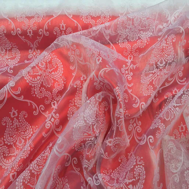 Damask 2 Velvet Flock Organza Net Voile Fabric, White