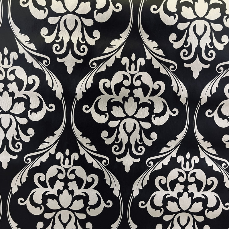 By the Metre Silver Damask Tablecloth PVC, Black