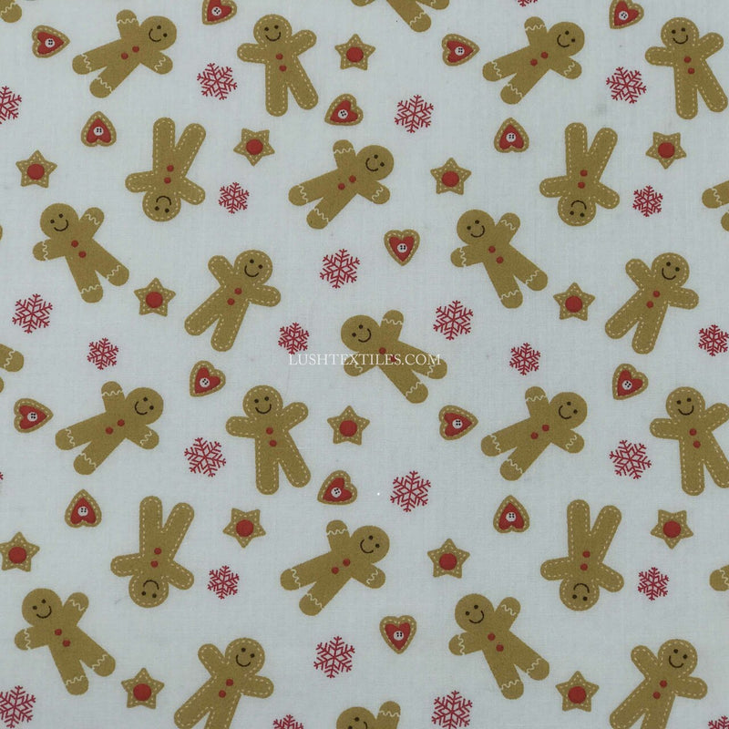 Gingerbread Men & Hearts Christmas Polycotton Fabric, White