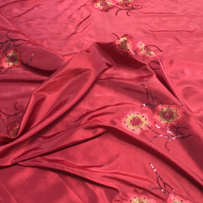 Floral Flower Sequin Taffeta Fabric, Red