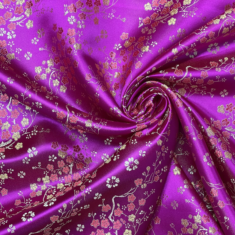 Chinese Blossom Silk Jacquard Brocade Fabric, Cerise