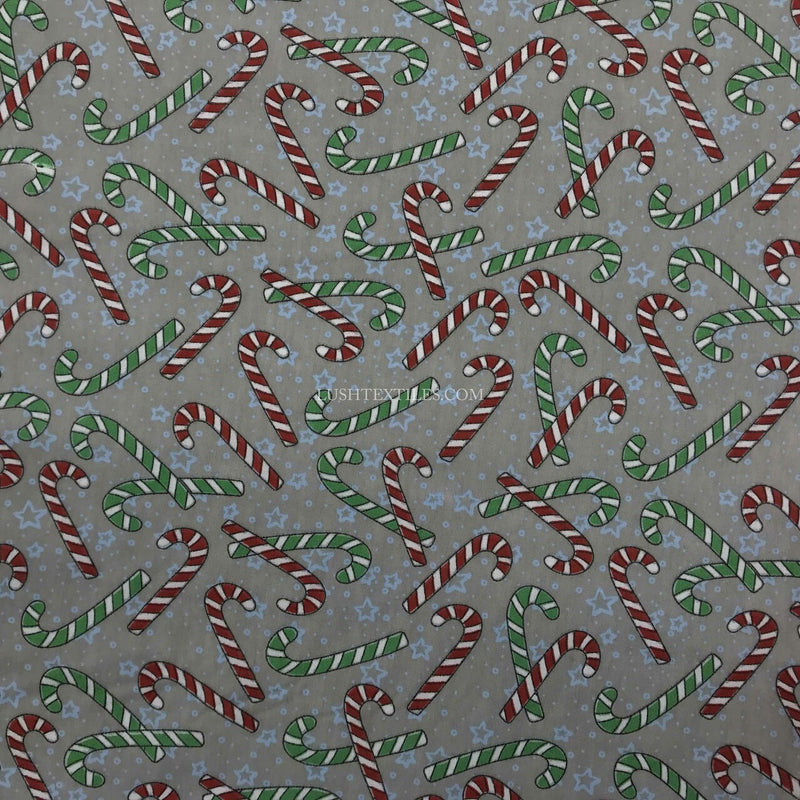 Candy Cane Christmas Polycotton Fabric, Grey