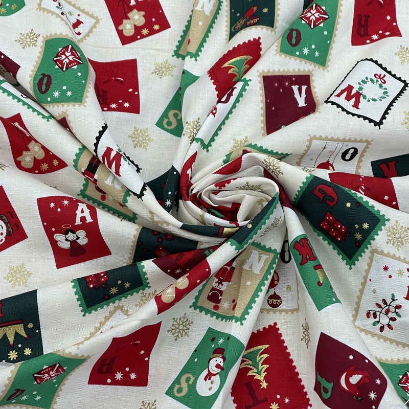 Christmas Stamps Cotton Fabric, Cream