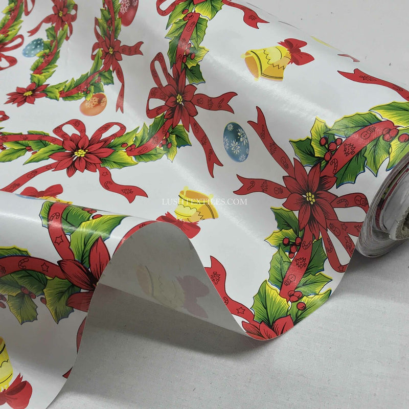 Christmas Wreaths & Bells Tablecloth PVC Fabric, White