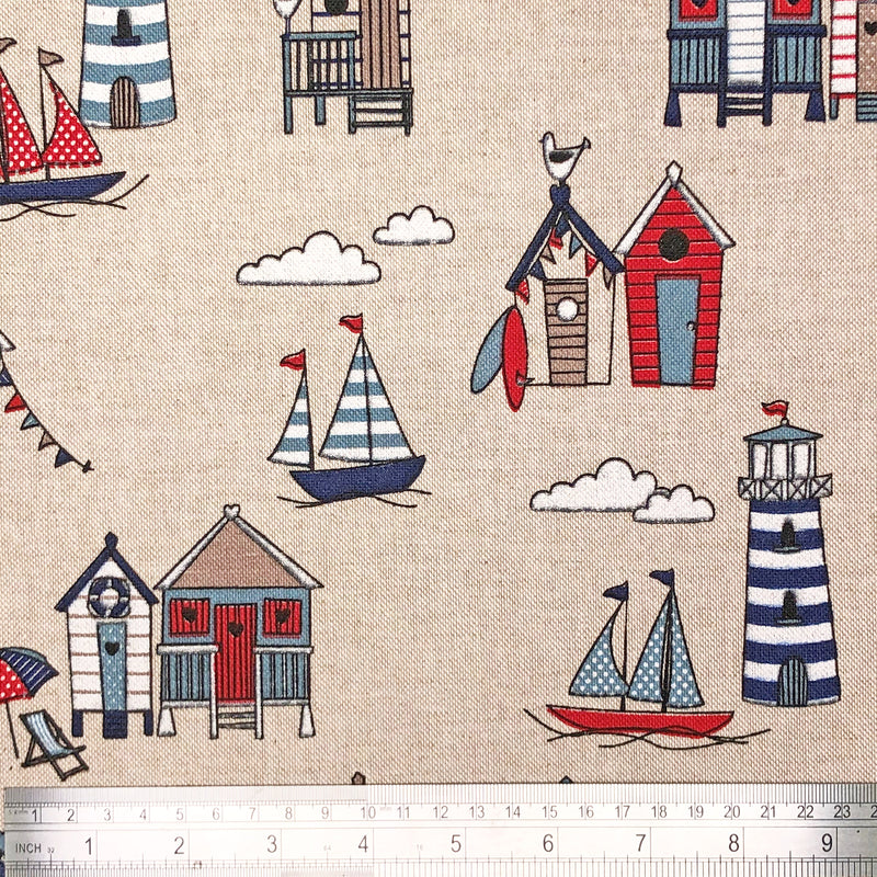 Beach Huts Print Cotton Rich Linen Craft Curtain Fabric