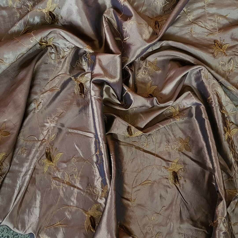 Embroidery Tuft Floral Taffeta Fabric, Brown