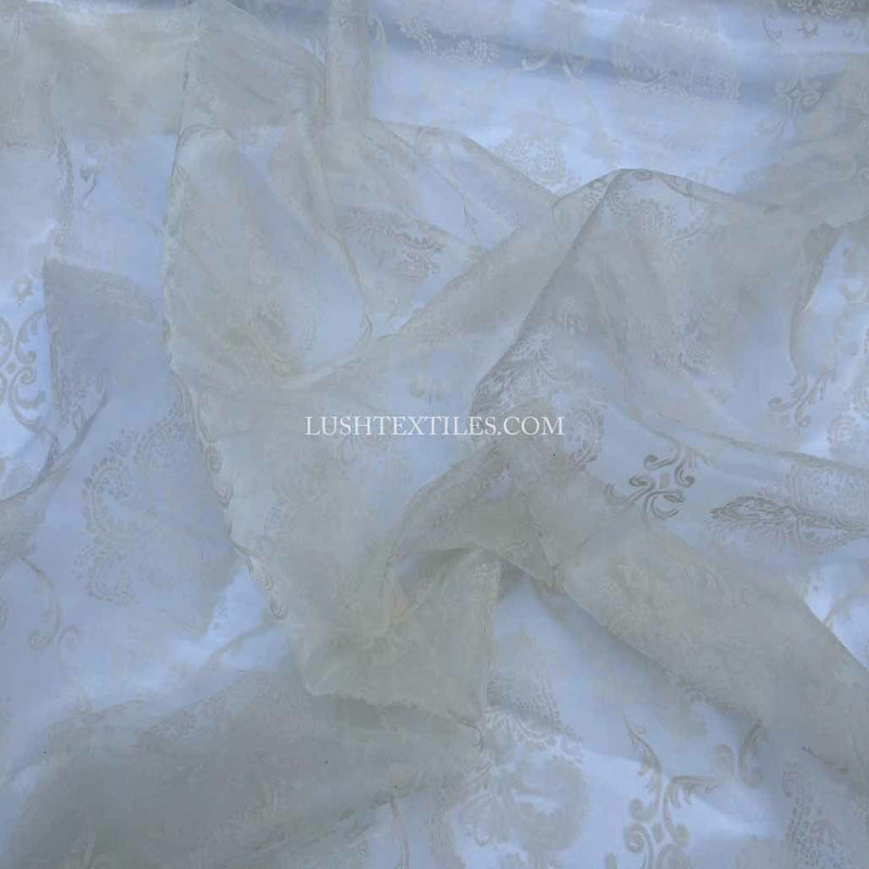 Damask 2 Velvet Flock Organza Net Voile Tissu, Crème