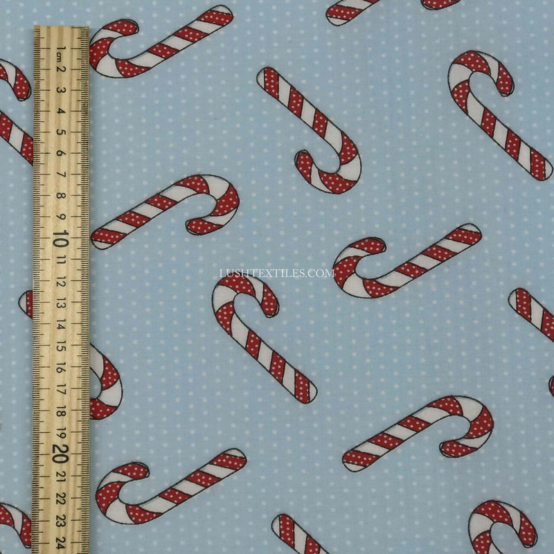 Candy Cane Christmas Polycotton Fabric, Sky