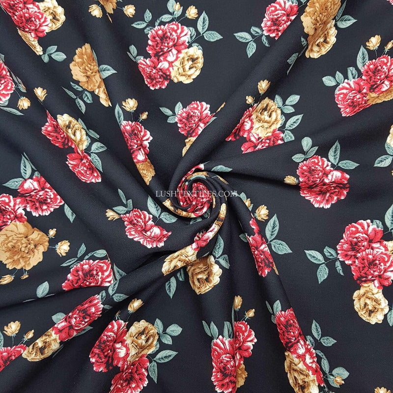 Tissu 100% Viscose Floral Roses pour Robe, Noir