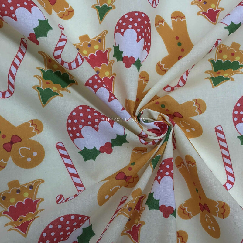 Christmas Pudding & Gingerbread Men Polycotton Fabric, Cream