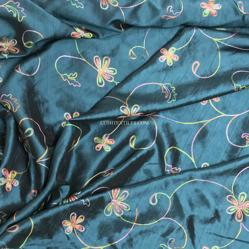 Floral Thread Embroidered Taffeta Fabric, Teal