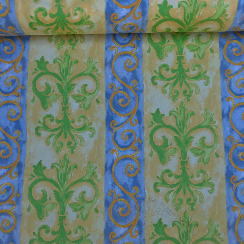 Tissu imprimé vintage en coton damassé, jaune/vert