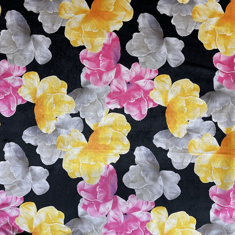 Floral Flowers Printed Plush Velvet Upholstery Fabric, Black