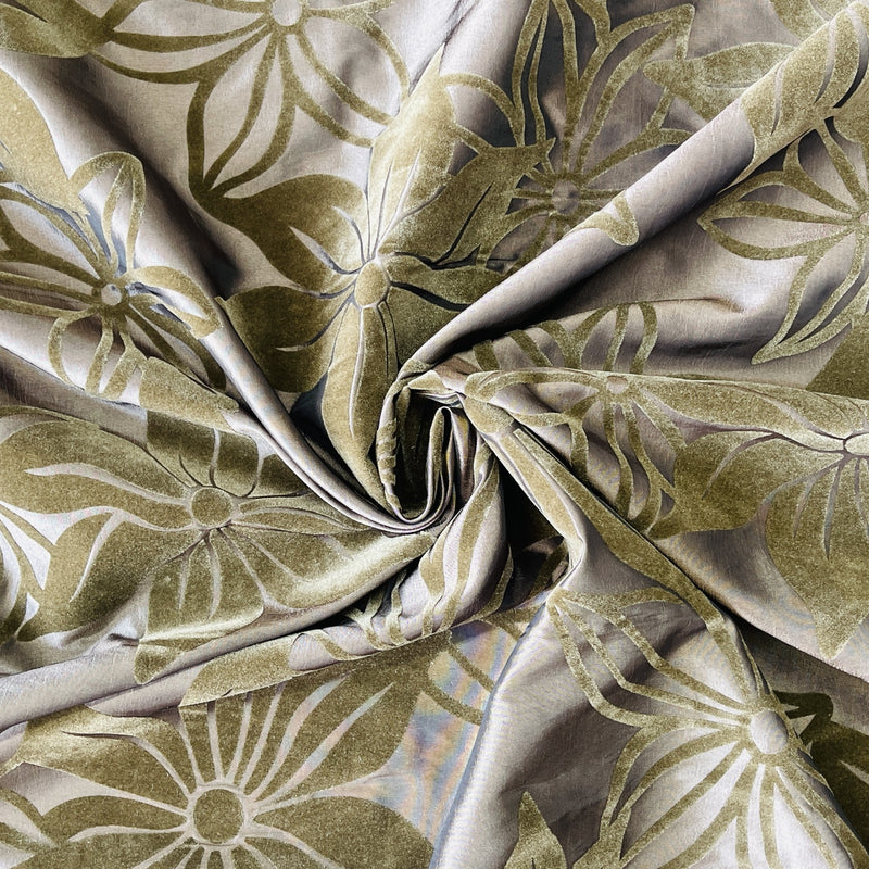 Brown Floral Velvet Flock Taffeta Fabric, Brown