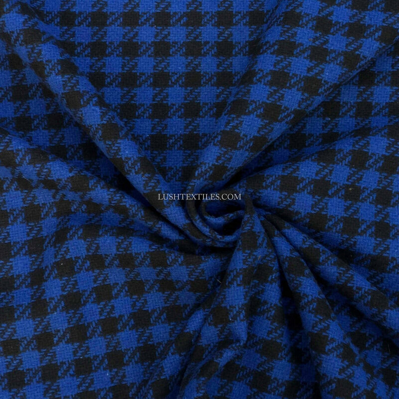 Black Hounds Dogtooth Checks Warm Wool Melton Fabric Make Parka Mac Jacket, Bleu