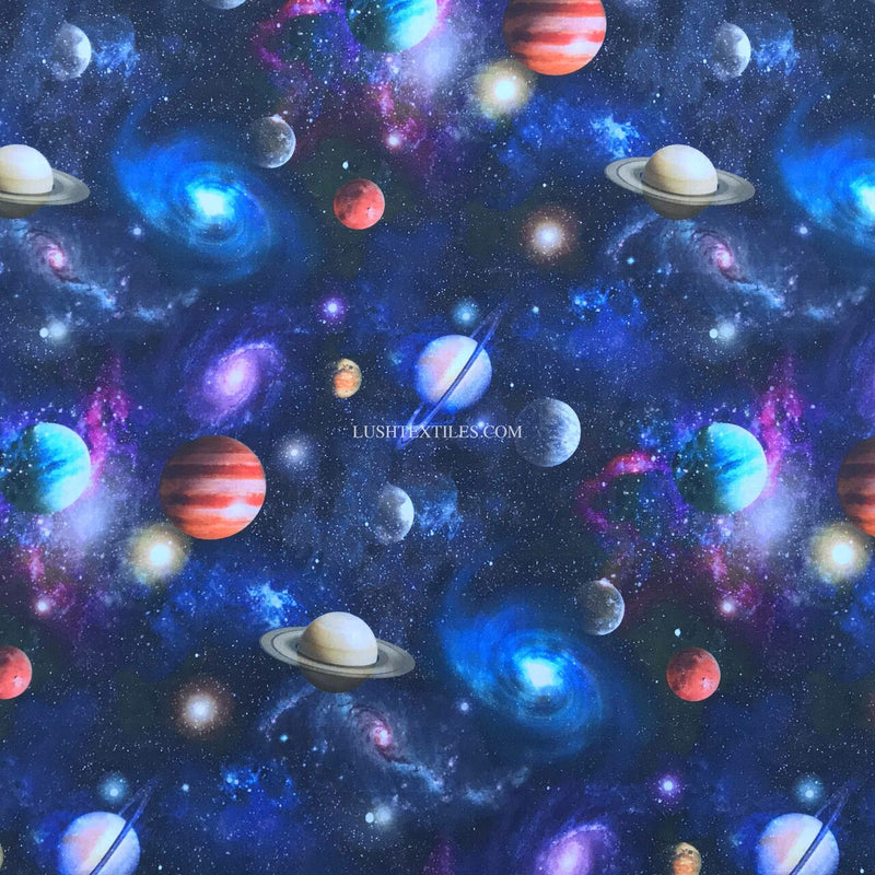 Galaxy Space Planets Digital Cotton Craft Fabric, Navy