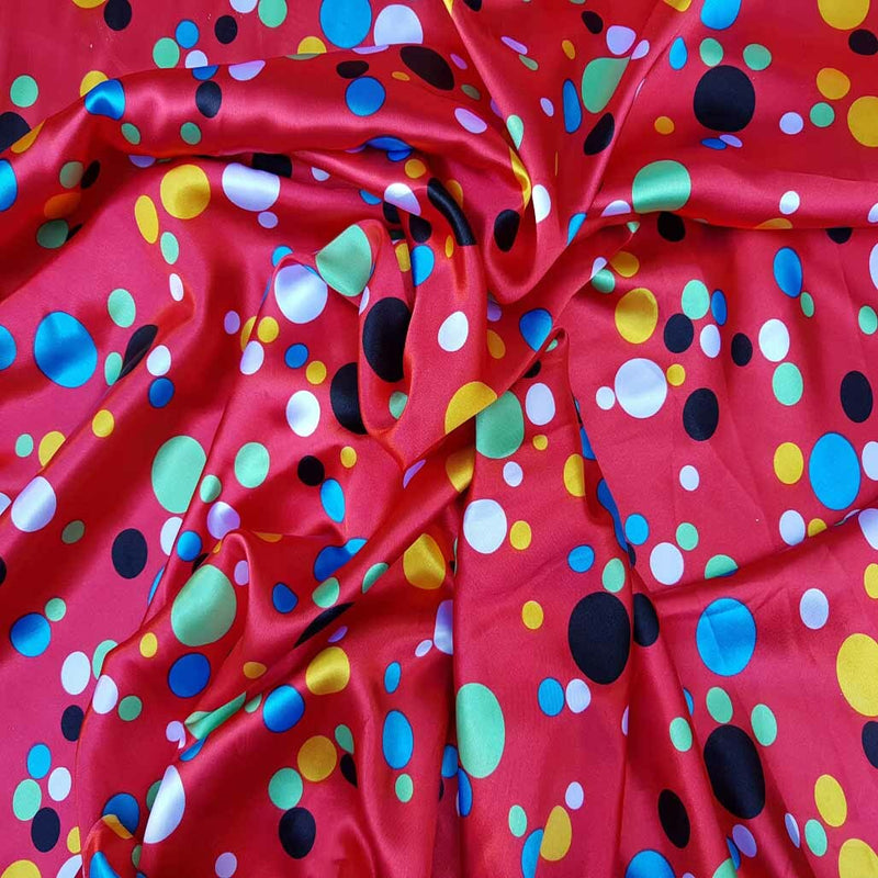 Colourful Spotty Satin Dress Fabric, Red