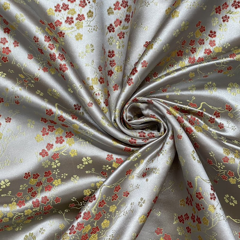 Chinese Blossom Silk Jacquard Brocade Fabric, Silver