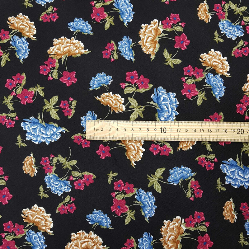 Tissu pour robe 100 % viscose Amy fleurs florales, noir