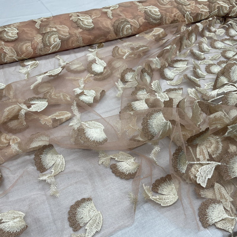 Embroidery Floral Elegance Net Lace Fabric, Peach