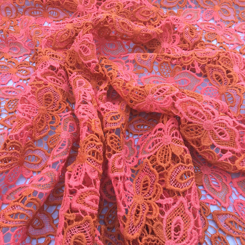 Butterfly Heavy Cotton Lace African Bridal Fabric, Orange/Pink