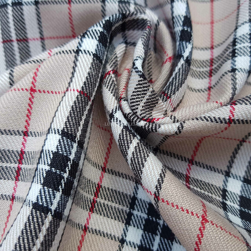 Beige Burberry Style Check Tartan Poly Viscose Dress Fabric