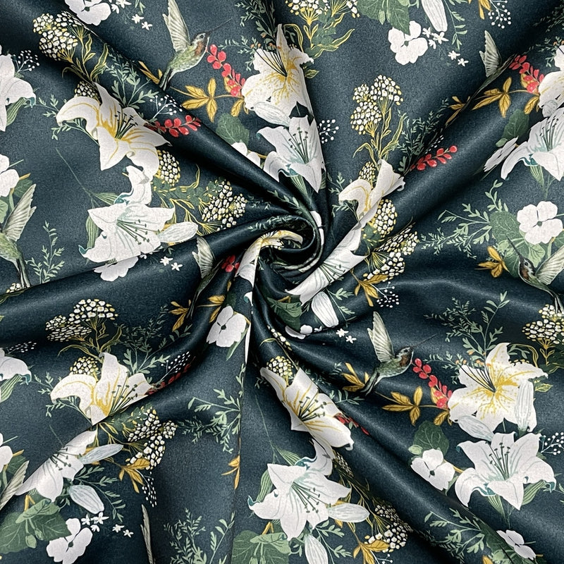 Floral Bird Print Satin Brocade Furnishing Fabric, Bottle