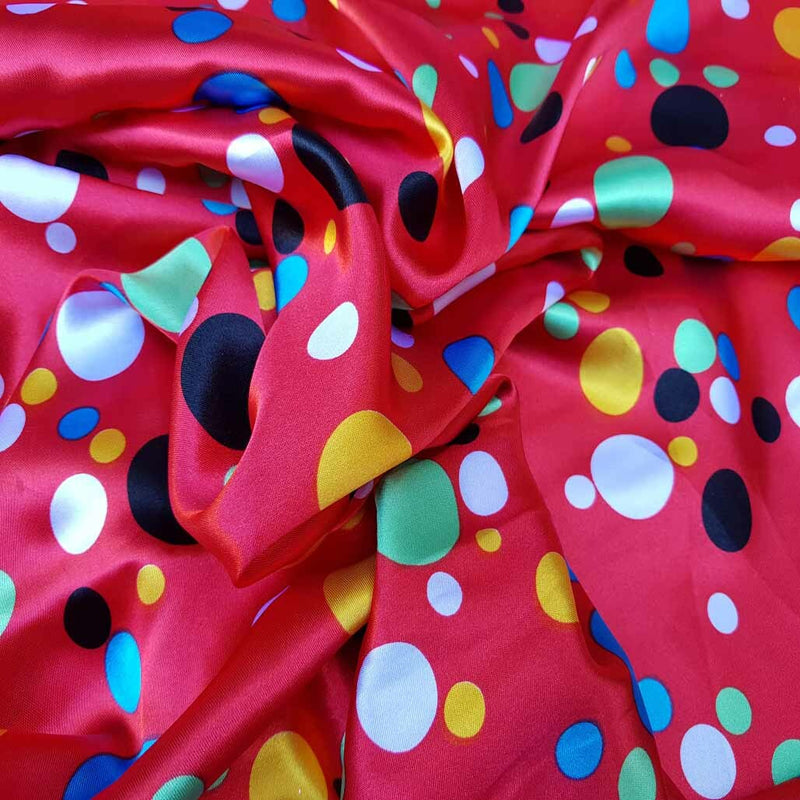 Colourful Spotty Satin Dress Fabric, Red