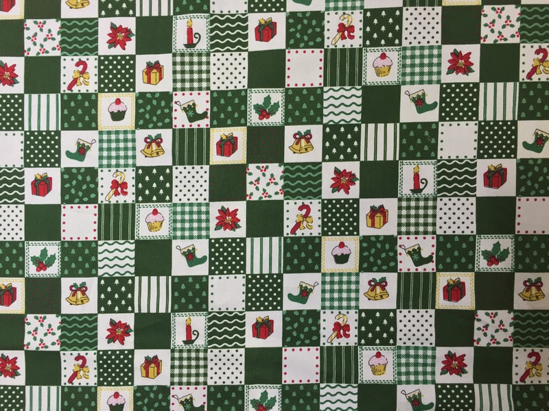 Christmas Patchwork Squares Cotton Fabric, Green