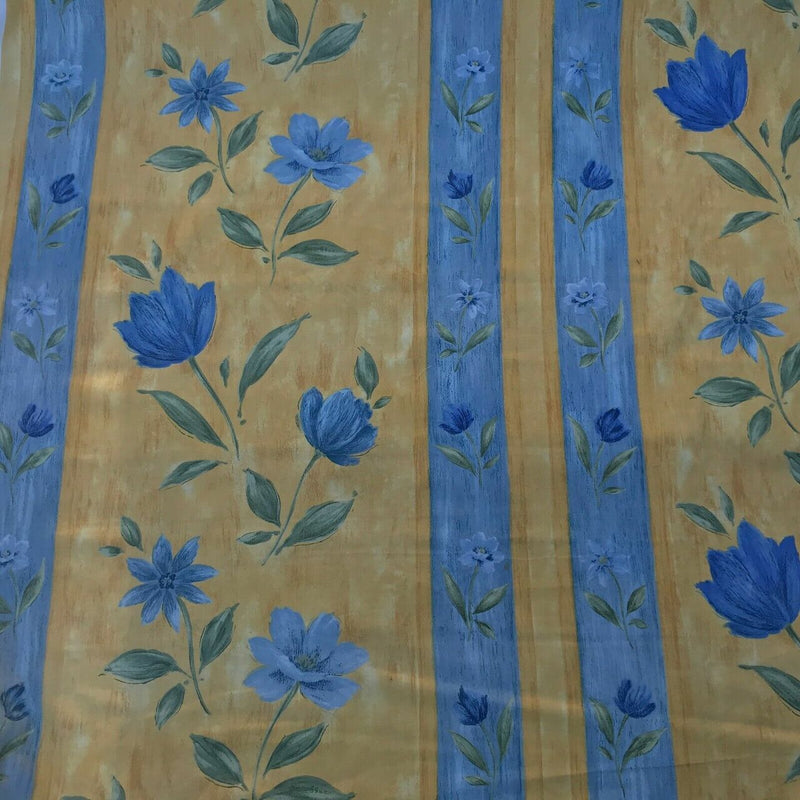 Tissu de courtepointe pour tapisserie d'ameublement en coton vintage jaune à rayures bleues et fleurs de tulipes