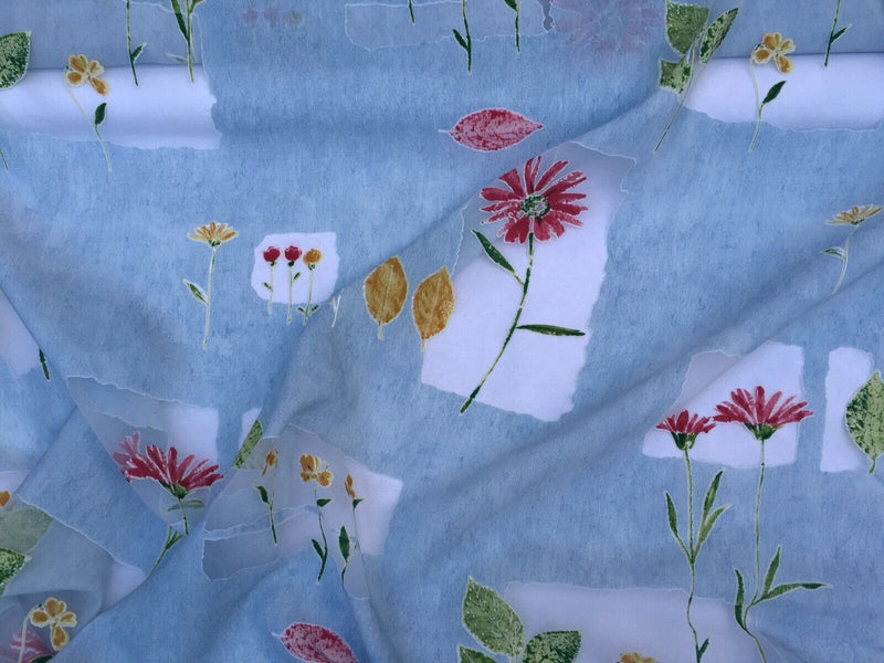 Fleurs Voile Tissu Floral Toile de Fond Fenêtre Drapant Filet Rideaux Bleu 150cm