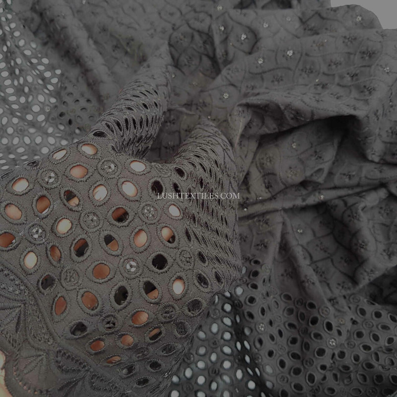 Black Sequin Cotton French Broderie Anglaise Lace Fabric