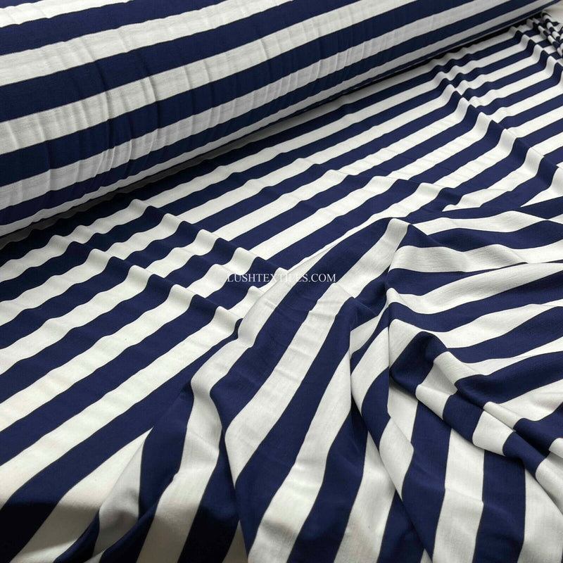 1" Navy &amp; White Sailors Stripe Cotton Jersey Stretch Dress Fabric French Navy