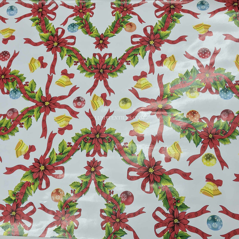 Christmas Wreaths & Bells Tablecloth PVC Fabric, White