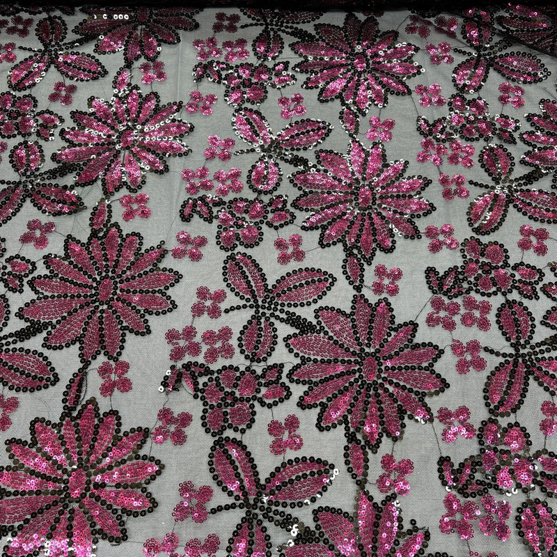 Tissu dentelle filet à sequins floraux, noir